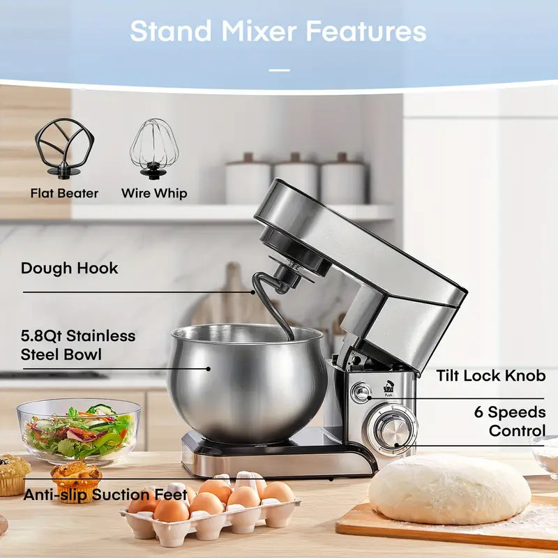 Stainless Steel Kitchen Mixer with Dough Hook, 6-Speed Tilt-Head Stand Mixer