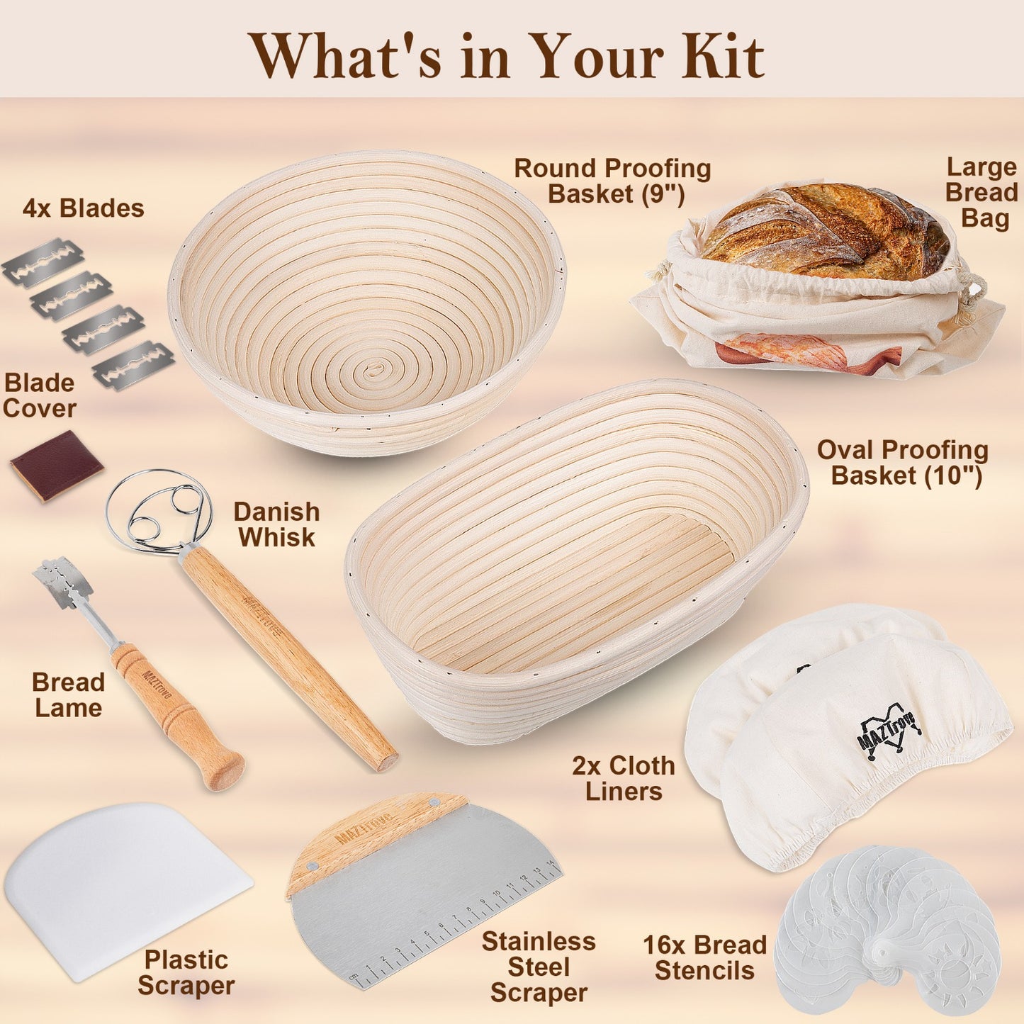 Banneton Bread Proofing Basket Gift Set of 2 - Proofing Baskets 10" Oval & 9" Round Rattan Sourdough Bread Baking Supplies with Bread Lame, Dough Scrapers, Liners, Dough Whisk, Bread Bag &16 Stencils