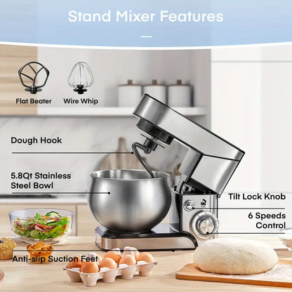 Stainless Steel Kitchen Mixer with Dough Hook, 6-Speed Tilt-Head Stand Mixer