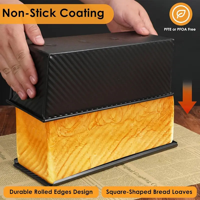 1pc Long Wavy Bread Pan with Lid, Nonstick Carbon Steel Toast Mold, Black/Gold