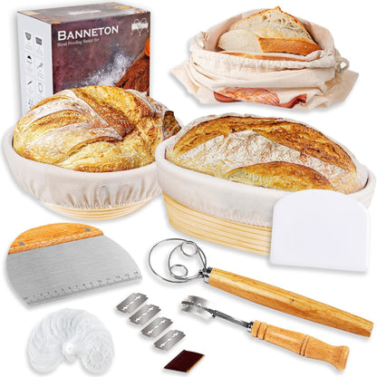 Banneton Bread Proofing Basket Gift Set of 2 - Proofing Baskets 10" Oval & 9" Round Rattan Sourdough Bread Baking Supplies with Bread Lame, Dough Scrapers, Liners, Dough Whisk, Bread Bag &16 Stencils