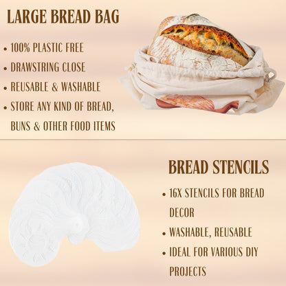 Banneton Bread Proofing Basket Gift Set of 2 - Proofing Baskets 10" Oval & 9" Round Rattan Sourdough Bread Baking Supplies with Bread Lame, Dough Scrapers, Liners, Dough Whisk, Bread Bag &16 Stencils