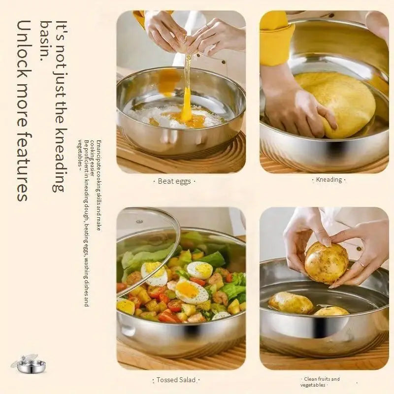 12.2" Stainless Steel Kneading Basin, Heavy-Duty Round Mixing & Washing Bowl