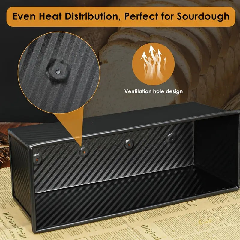 1pc Long Wavy Bread Pan with Lid, Nonstick Carbon Steel Toast Mold, Black/Gold