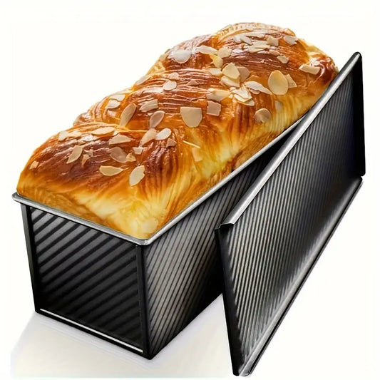 1pc Long Wavy Bread Pan with Lid, Nonstick Carbon Steel Toast Mold, Black/Gold
